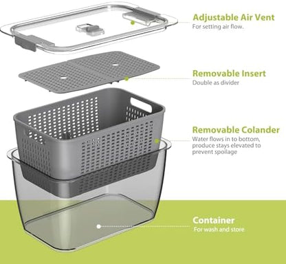 LUXEAR 4 Pack Fruit Containers for Fridge, Vegetable Storage Container with Lids &Removable Colander Produce Saver Organizer for Refrigerator Keep Fruit, Veggie, Berry, Meat Fresh Longer-Grey