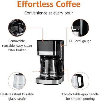 Amazon Basics 12 Cup Drip Coffee Maker with Glass Carafe (1.9 Qt), Auto Shut-off, Auto Pause, Removable Filter Basket, Black & Silver