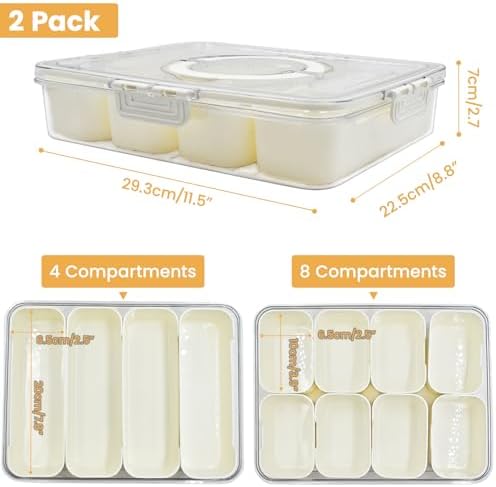 2 Pack Divided Serving Tray with lid and Handle, 8 & 4 Compartments