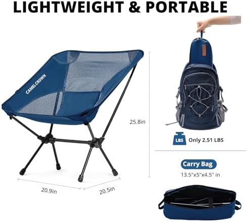 CAMEL CROWN Camping Chair Heavy Duty Backpacking Chair - Ultra-Light Folding Chair with Carry Bag, Portable Compact for Outdoor, Lawn, Hiking, Beach, Picnic