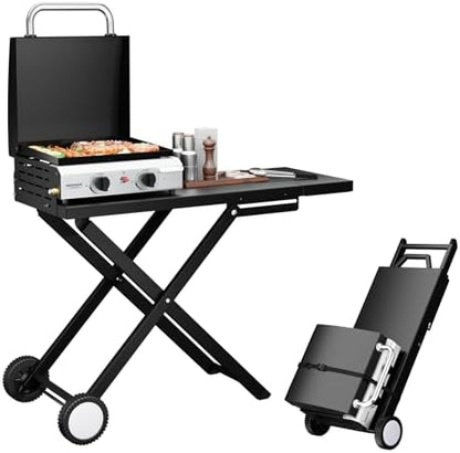 ROVSUN 2 Burner Foldable Propane Griddle with Wheels, Enameled Tray & Lid, 20000 BTU Portable Rolling Flat Top Gas Grill with Electronic Ignition & Regulator for Outdoor Cooking Camping BBQ Tailgating