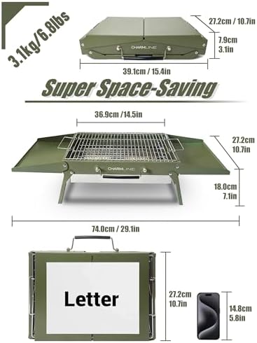 Charmline 15 x 11 inches Portable Charcoal BBQ Grill, Foldable Compact Camping Barbecue for 2–4 People, Ideal for Camping, Tailgating, Beach, Picnic & Tabletop Use, Green