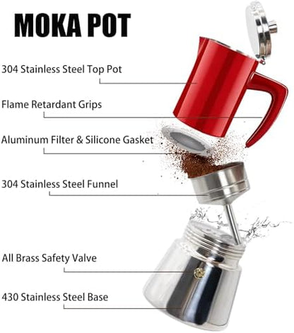 4 Cup Thickened 304 Stainless Steel Moka Pot Stovetop Espresso Maker Cafeteras Italian Percolator Espress Makers Capable Greca Mocha Coffee Machine for Induction Home and Camping 200ml 6.6oz
