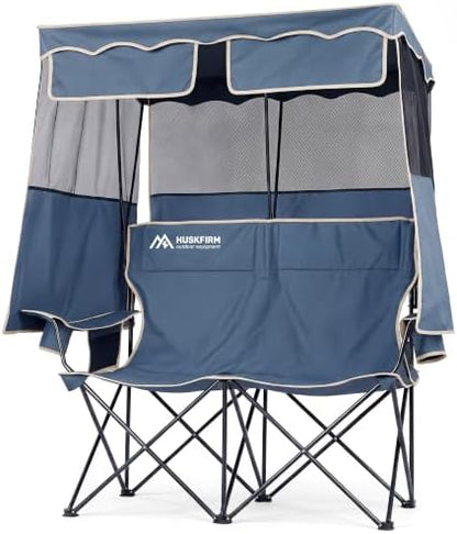 Double Camping Chair with Canopy,2 Person Folding Chair with Canopy, Blue