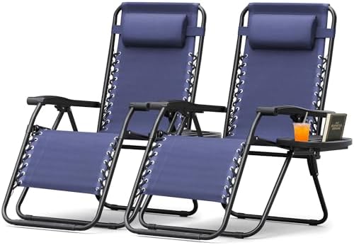 Homall Zero Gravity Chair Patio Folding Lawn Outdoor Lounge Gravity Camp Reclining Lounge Chair with Cup Holder Pillows for Poolside Backyard and Beach Set of 2 (Blue)
