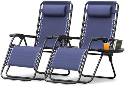Homall Zero Gravity Chair Patio Folding Lawn Outdoor Lounge Gravity Camp Reclining Lounge Chair with Cup Holder Pillows for Poolside Backyard and Beach Set of 2 (Blue)