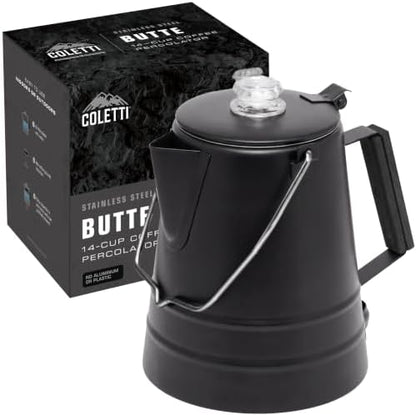 COLETTI Butte & Scoutmaster Coffee Percolator Camping — Percolator Coffee Pot, NO Aluminum or Plastic (Black, 14 Cup)