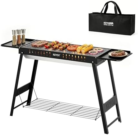 KEYO GRILL Foldable Charcoal Grill, Portable Camping Charcoal Grill with Carry Bag & Side Tables, Compact Folding BBQ Grill for Camping, Tailgating, Beach, Picnic