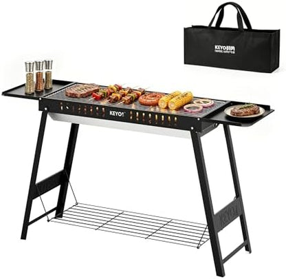 KEYO GRILL Foldable Charcoal Grill, Portable Camping Charcoal Grill with Carry Bag & Side Tables, Compact Folding BBQ Grill for Camping, Tailgating, Beach, Picnic