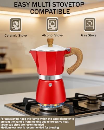Coffee Maker Stovetop Espresso Maker 12 Cup Aluminum Moka Pot Percolator 20oz 600ml Easy Brewing for Electric Ceramic Stoves Home Camping Italian Cuban Café Classic Red