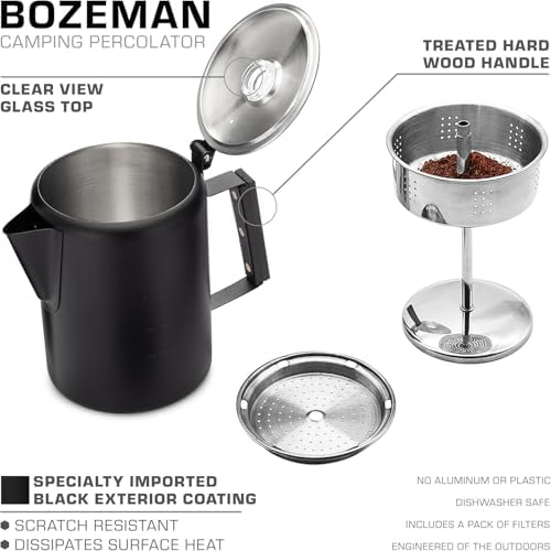 COLETTI Bozeman & Scouts Coffee Serving Sets — Percolator Coffee Pot Camping Coffee Maker & Double Walled Stainless Steel Cups — NO Aluminum or Plastic [9 Cup Percolator, 10 oz Cups] (Black)