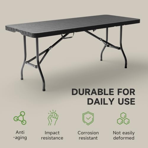 Heavy Duty Folding Table, Sturdy Portable Foldable Table with Safety Lock, Indoor Outdoor Use for Camping Party, 6/8 Foot (Standard, Black-Wood Grain, 6FT-1 Pack)