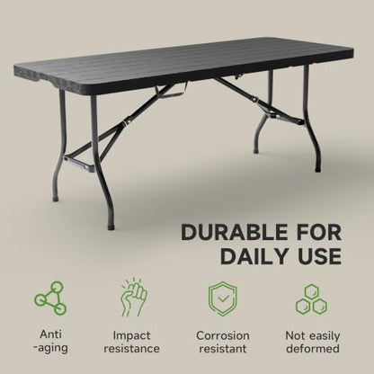 Heavy Duty Folding Table, Sturdy Portable Foldable Table with Safety Lock, Indoor Outdoor Use for Camping Party, 6/8 Foot (Standard, Black-Wood Grain, 6FT-1 Pack)