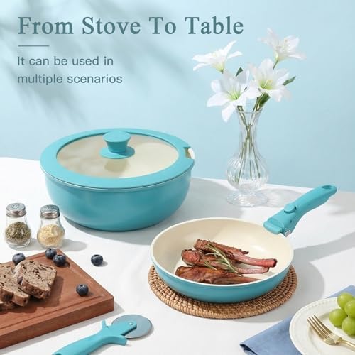 GIPP 11pcs Pots and Pans Set Non Stick, Nonstick Cookware Set Detachable Handle, Ceramic Pots for Cooking Non Stick with Removable Handle, RV Cookware Set for All Stoves, Light Blue Gradient