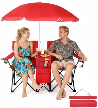 Outvita Folding Double Camping Chair w/Umbrella, Cooler for Beach Patio L