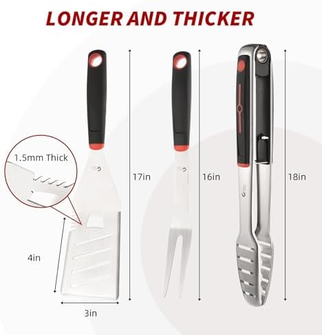 BBQ Tools Set, 4 PCS Heavy Duty Stainless Steel Spatula, Fork, Tongs with Portable Bag, Essential Accessories for Barbecue Outdoor Grill, Grilling Gifts for Men Dad Camp Chef