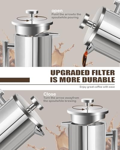 French Press Coffee Maker, Stainless Steel, Silver, 17 OZ