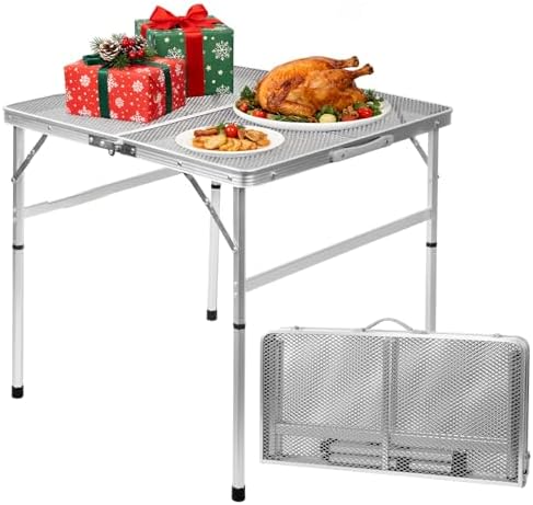 Square Folding Card Table with Adjustable Height (12" & 26"), Silver Portable Metal Mesh Table for Camping, BBQ, Picnic, Game, Patio & Indoor Use, Fits 2–4 People, Lightweight 7.6 lb, Supports 66 lb