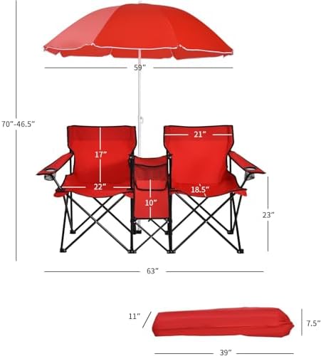 Goplus Double Camping Chairs with Umbrella, Cooler for Beach Patio