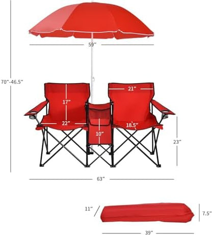 Goplus Double Camping Chairs with Umbrella, Cooler for Beach Patio