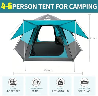 Hewolf 2/3/4 Person Camping Tent - Instant Pop Up Waterproof 2 Doors Tent with Easy Setup | 3-Season Hexagonal Dome Design for Family, Hiking & Traveling