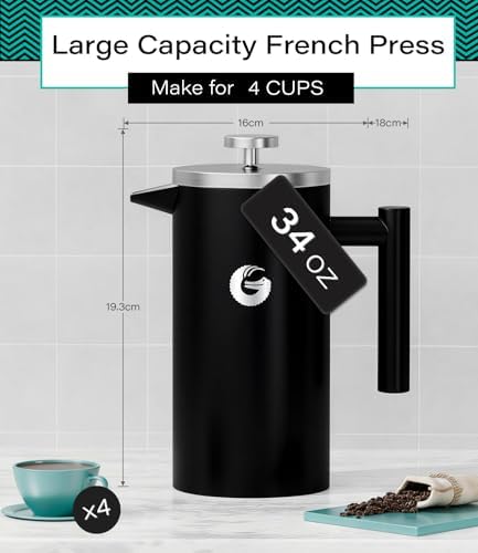 Coffee Gator French Press Coffee Maker 34 oz, Non-Toxic, Black