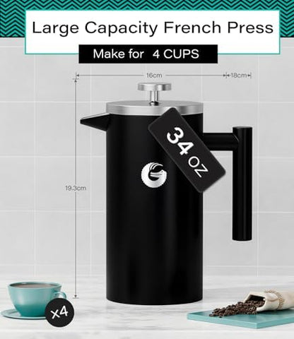 Coffee Gator French Press Coffee Maker 34 oz, Non-Toxic, Black