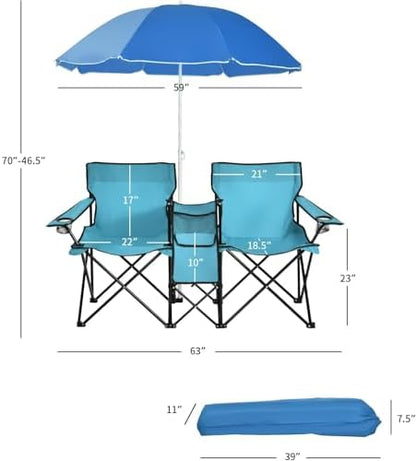 Goplus Double Camping Chairs with Umbrella, Cooler for Beach Patio