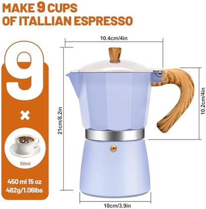 9 Cup Aluminum Espresso Stovetop Moka Pot Express Coffee Maker Percolator Italian Classic Mocha Coffee Machine for Italian and Cuban Cafe Brewing for Home & Camping 450ml 15oz