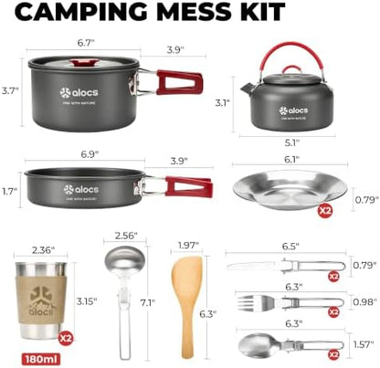 ALOCS 19pcs Camping Cookware Mess Kit, Pots and Pans Set with Kettle