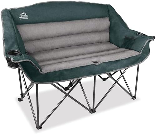 Fully Padded Folding Double Camping Chairs,Comfy Oversized Loveseat Lawn Chair w/Wine Glass Holder,Cup Holder,Heavy Duty Outdoor Portable Camp Couch Support 600 Lbs,Dark Green