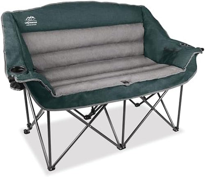Fully Padded Folding Double Camping Chairs,Comfy Oversized Loveseat Lawn Chair w/Wine Glass Holder,Cup Holder,Heavy Duty Outdoor Portable Camp Couch Support 600 Lbs,Dark Green