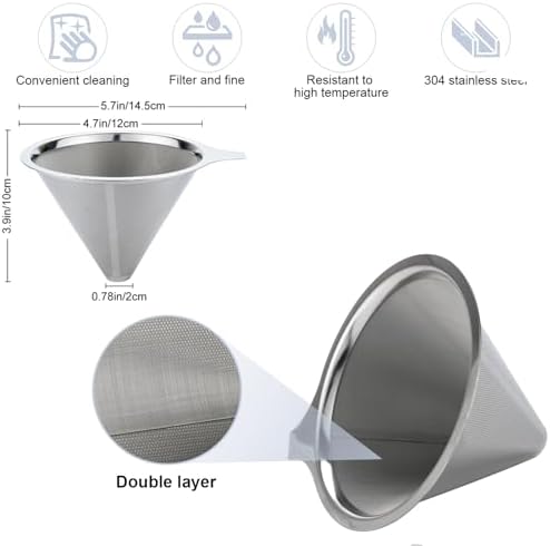 Pour Over Coffee Maker,Coffee Filter,Slow Drip Paperless Stainless Steel Cone Coffee Dripper(2-3 Cup)