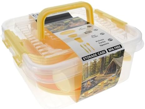SE 25-Piece Outdoor Dining Set for 4 Persons – BPA-Free Camping Dinnerware Set with Plates, Bowls, Cups, Utensils & Storage Case, Yellow Picnic Tableware Kit - OD-U04-P