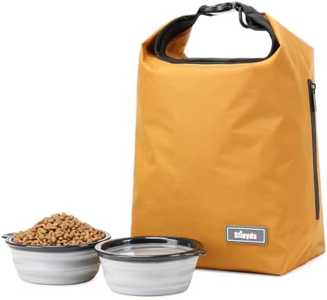 Pet Food Storage Dog Food Travel Container with 2PCS Collapsible Dog Travel Bowls Waterproof Kibble Storage Bag (Yellow, Small)