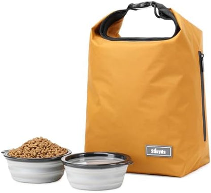 Pet Food Storage Dog Food Travel Container with 2PCS Collapsible Dog Travel Bowls Waterproof Kibble Storage Bag (Yellow, Small)