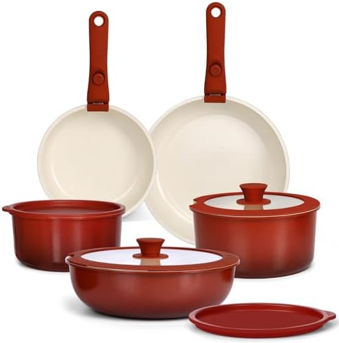 GIPP 11PCS Ceramic Pots and Pans Set Non Stick, Nonstick Cookware Set Detachable Handle, Red Black Gradien Pots and Pans Induction Kitchen Cooking Sets, RV Cookware Sets for All Stoves