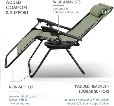 Nestl Zero Gravity Chairs 1 Pk, Portable Patio Lounge Outdoor with Pillows & Cup Holder Trays, Adjustable Steel Lawn Chair for Deck, Beach - Sage Green