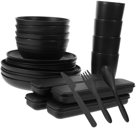 4 Sets Black Camping Utensil Set with Case, PP Flatware