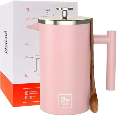 Barista Warrior French Press Coffee Maker - Double-Wall Stainless Steel Insulated French Press with Built-In Thermometer, Dual Filters Coffee Maker with Wooden Spoon - Pink