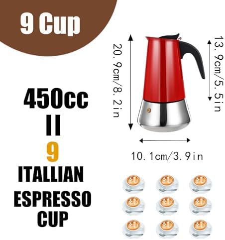 9 Cup Stovetop Espresso Maker Stainless Steel Moka Pot Stove Top Percolator Italian Coffee Makers Capable Mocha Greca Machine Cafe Classic Induction Cookers for Home and Camping 450ml 15oz