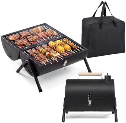 ROVSUN Portable Charcoal Grill with Storage Bag, Small Tabletop Barbecue Grill with Double Sides Grill Surface, Heavy Duty For Outdoor Cooking, Camping, Backyard Using