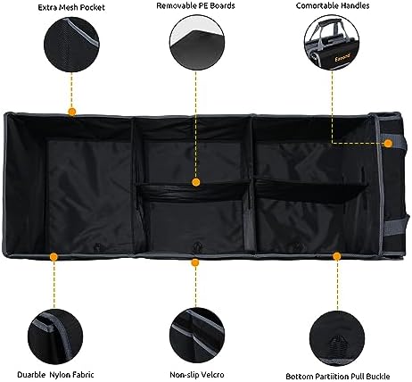 Car Trunk Organizer with Lid,Collapsible Car Storage Organizer with Multi Compartments and Securing Straps for SUV,Sedan,Jeep-Black & Grey