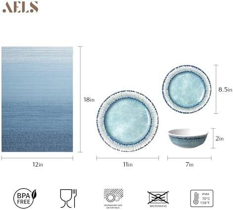 AELS Melamine Dinnerware Set of 12 Pcs Dinner Dishes Set with 4 Placemats for Indoor and Outdoor Use, Dishwasher Safe, Lightweight Unbreakable, BPA Free, Light Blue