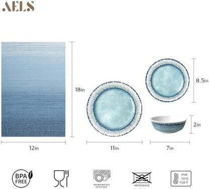 AELS Melamine Dinnerware Set of 12 Pcs Dinner Dishes Set with 4 Placemats for Indoor and Outdoor Use, Dishwasher Safe, Lightweight Unbreakable, BPA Free, Light Blue