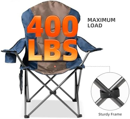 2 Pack Folding Camping Chairs for Adults - High Back Padded Outdoor Lawn Chairs with Lumbar Support & Cup Holder, 400lbs Heavy Duty Portable Camping Chairs Set (Blue & Brown, 2 PCS)
