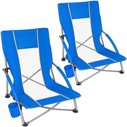 Romswi Low Beach Chairs for Adults 2 Pack, Lightweight Folding Sand Chairs with Breathable Mesh Back & Cup Holder, Portable Compact Camping Chairs, 300lbs Capacity,Blue