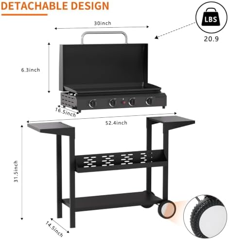 SKOK Propane Gas Griddle with Hood - Flat Top Grill with Standing Cart