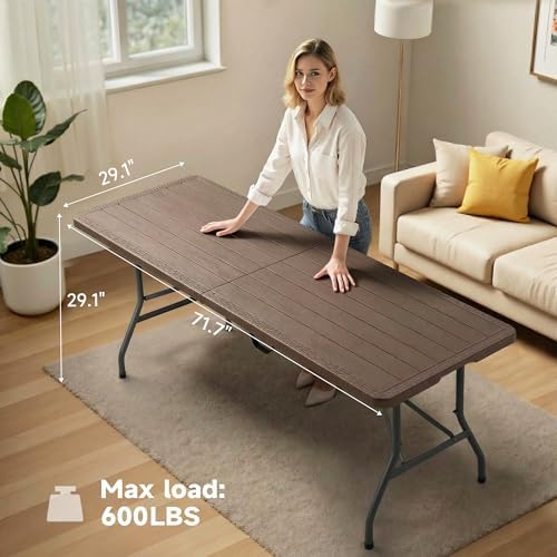 Folding Table 6 Foot, HDPE Wood Grain Pattern,Heavy Duty 600 lbs Capacity, Sturdy Design with Safety Lock, Portable & Foldable for Camping, Party, Indoor & Outdoor Use, 1 Pack.