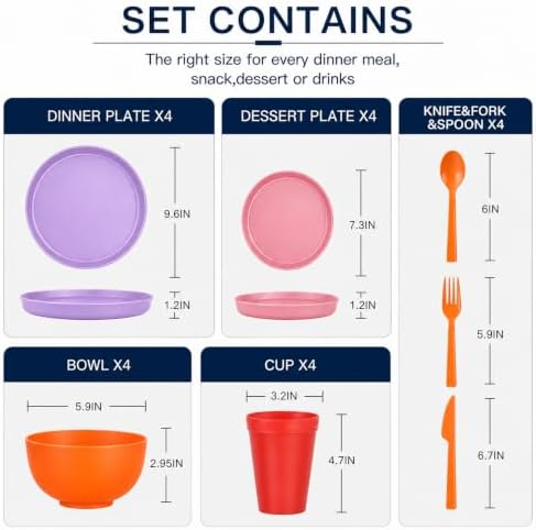 28 Piece Plates and Bowls Sets for 4, Kitchen Dinnerware Sets, Plastic